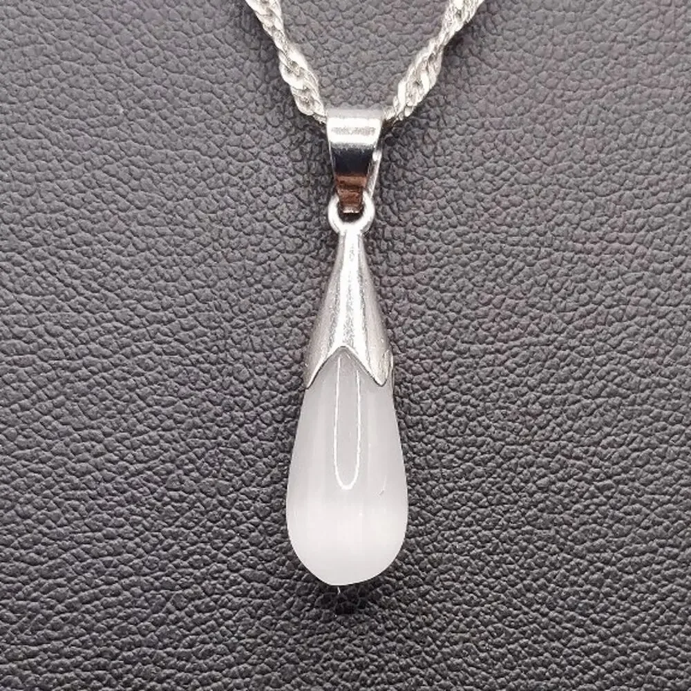 925 Silver Necklace White Opal Crystal Teardrop Anniversary Birthday Gift NEW!